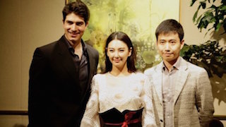 Left to right, American actor Brandon Routh (Superman Returns) and Chinese actress Zhang Yuqi (White Deer Plain), and director Vincent Zhou.
