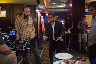 Cinematographer Mark Schwartzbard and star Aziz Ansari on the set of Master of None.
