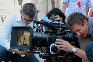 Director of Photography Andrew Waruszewski (right) framing a shot with producer/director Brian J. Terwilliger (in Rome, Italy, for the new film Living in the Age of Airplanes, to be released by National Geographic Studios on giant screens and digital cinemas worldwide April 10, 2015. Photo by Matt Reilly © National Geographic