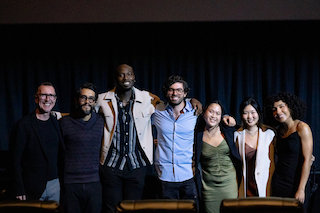 Pictured, left to right, are Glenn Kiser, director of the Dolby Institute, Carlos López Estrada,  and emerging filmmakers Christian Osagiede, Antonio Salume, Amy B. Tiong, Eleanor Cho, and Alejandra Araujo.