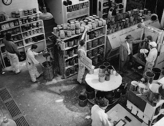 MGM Studios scenic paint shop, paint mixing area. Courtesy of the Margaret Herrick Library.