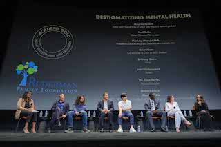 Pictured, from left to right, are Madhuri Jha, Maurice Benard, Paul Dalio, Pierluigi Mancini, Brian Nam, Dr. Kojo Sarfo, Brittany Snow and Lexi Underwood take part in the Academy of Motion Picture Arts and Sciences' panel, Destigmatizing Mental Health. Photo by Richard Harbaugh, A.M.P.A.S.