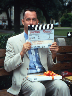 Photo by Philip V. Caruso, Scene 1, Take 1, my name is Forrest Gump, 1993, Tom Hanks on location, filming of Forrest Gump. Camera Operator: Chris Squires; Director of Photography: Don Burgess; Director: Robert Zemeckis 