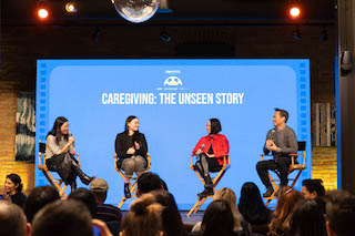 Ai-jen Poo, executive director of Caring Across Generations, moderates Caregiving: The Unseen Story panel at Sunrise Collective House alongside panelists Jenna Murray, healer, participant in Sundance documentary Winding Path; Liz Sargent, filmmaker (Take Me Home); and Richard Lui, MSNBC anchor and journalist, author and filmmaker (Unconditional). Photo by Christine Chang